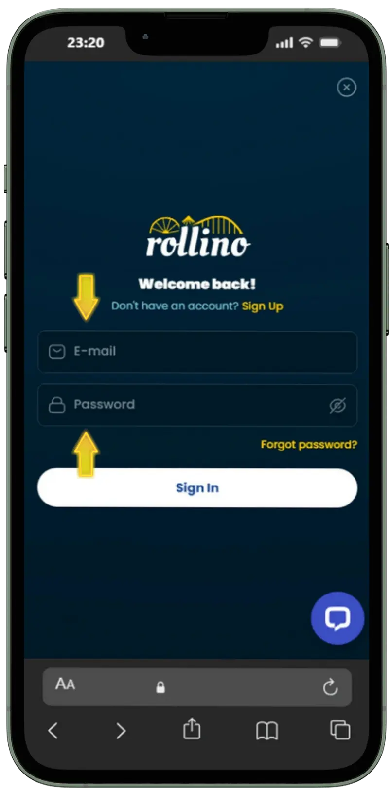 Rollino Casino login screen on a mobile phone with E-mail and Password fields, Forgot password link and Sign In button ready for the player to enter credentials