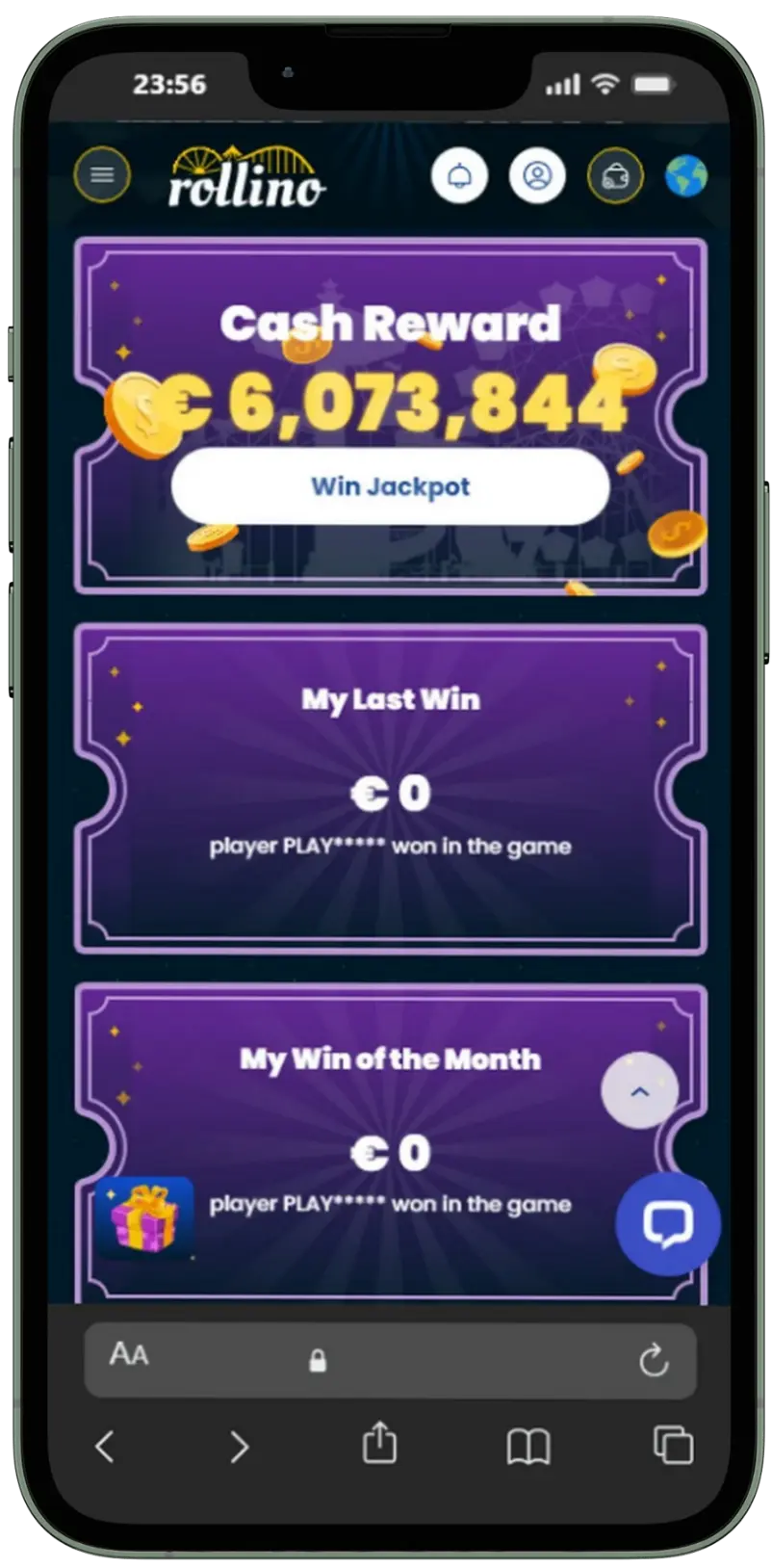 Rollino Casino account dashboard on a mobile phone showing the Cash Reward jackpot counter, My Last Win and My Win of the Month player statistics sections