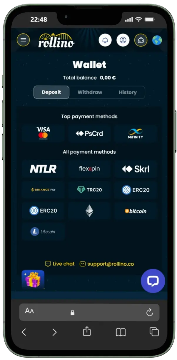 Rollino Casino cashier page on a mobile phone showing deposit options with Visa, Mastercard, Skrill and crypto icons