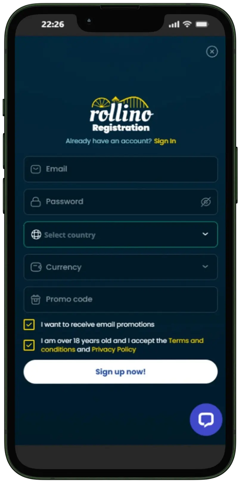 Rollino Casino registration form on a mobile phone with email, password and currency selection fields