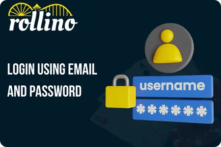 Rollino Casino login using email and password showing a user profile icon with username and password input fields and a yellow padlock for security