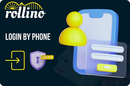 Rollino Casino login by phone showing a smartphone with user profile, login form fields, security shield with password dots and a sign-in arrow icon
