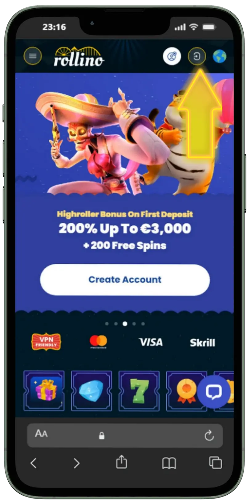 Rollino Casino homepage on a mobile phone with the welcome bonus banner and an arrow pointing to the login button in the top navigation bar