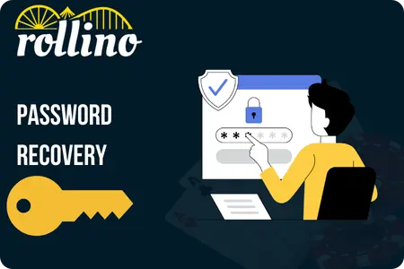 Rollino Casino password recovery showing a person entering a new password on screen with a blue verification checkmark, lock icon and a golden key