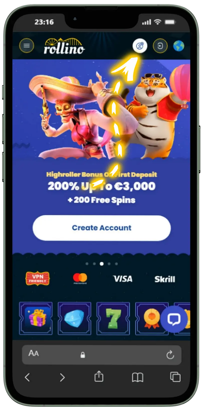 Rollino Casino homepage on a mobile phone with the Sign Up button highlighted in the top navigation bar