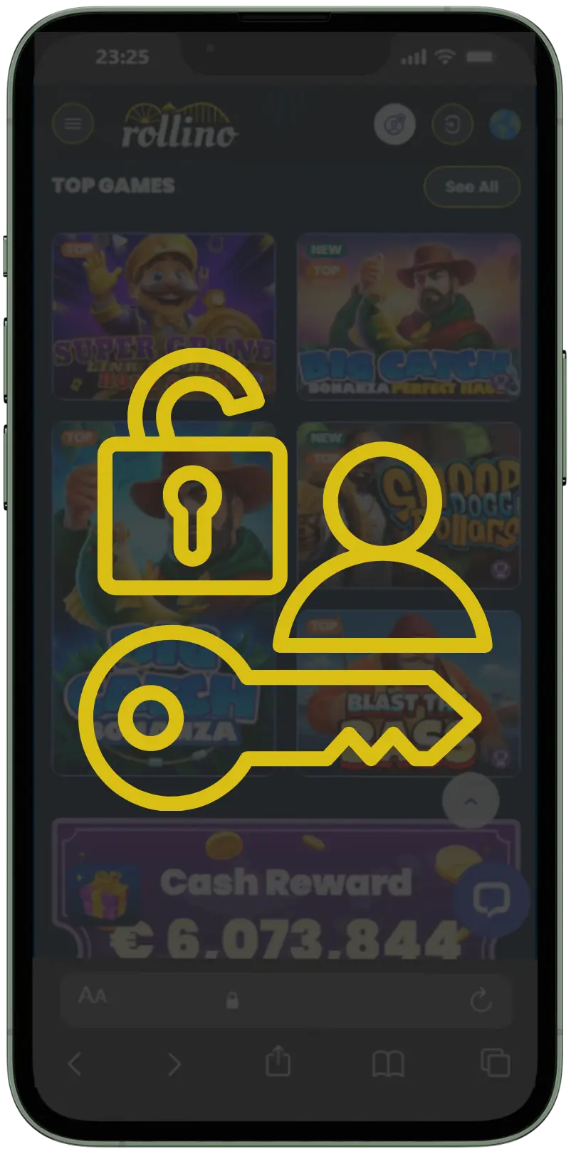 Rollino Casino game lobby on a mobile phone with a padlock and key overlay indicating the account verification step before accessing games