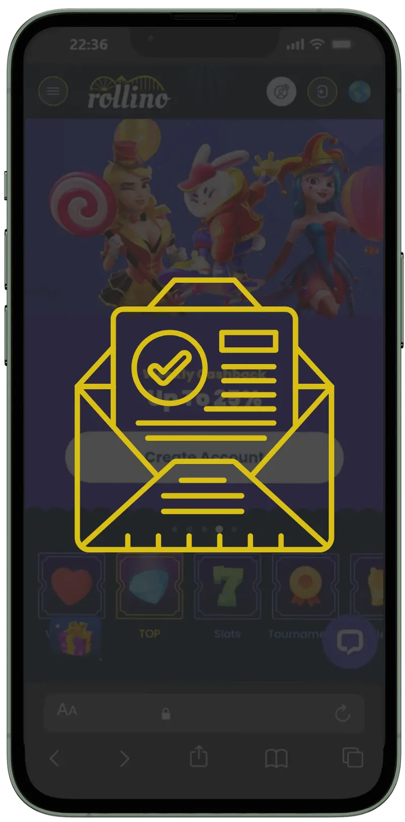 Email inbox on a mobile phone showing a Rollino Casino verification email with the confirmation link button